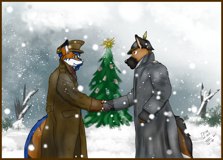 anthro beard canid canine canis christmas cj_fauxx~ clothing coat domestic_dog duo facial_hair fox german_shepherd gesture handshake herding_dog hi_res holidays male mammal military_uniform pastoral_dog plant snow soldier topwear tree trenchcoat uniform war warrior world_war_1