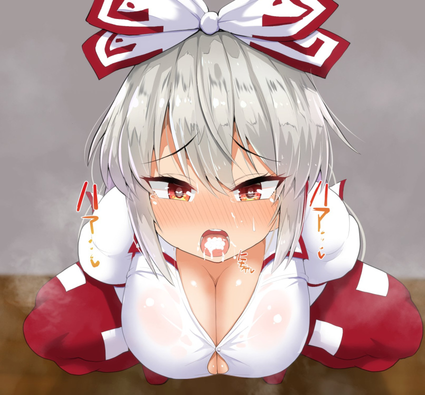 1girl bangs blurry blurry_background blush bow breasts button_gap cleavage cum cum_in_mouth facial from_above fujiwara_no_mokou full-face_blush furrowed_brow hair_bow hair_ribbon haruka_(haruka_channel) highres indoors juliet_sleeves large_breasts long_hair long_sleeves looking_at_viewer open_mouth pants puffy_sleeves red_pants ribbon shirt silver_hair solo squatting tearing_up teeth tongue touhou tress_ribbon tsurime wall white_bow white_shirt wooden_floor