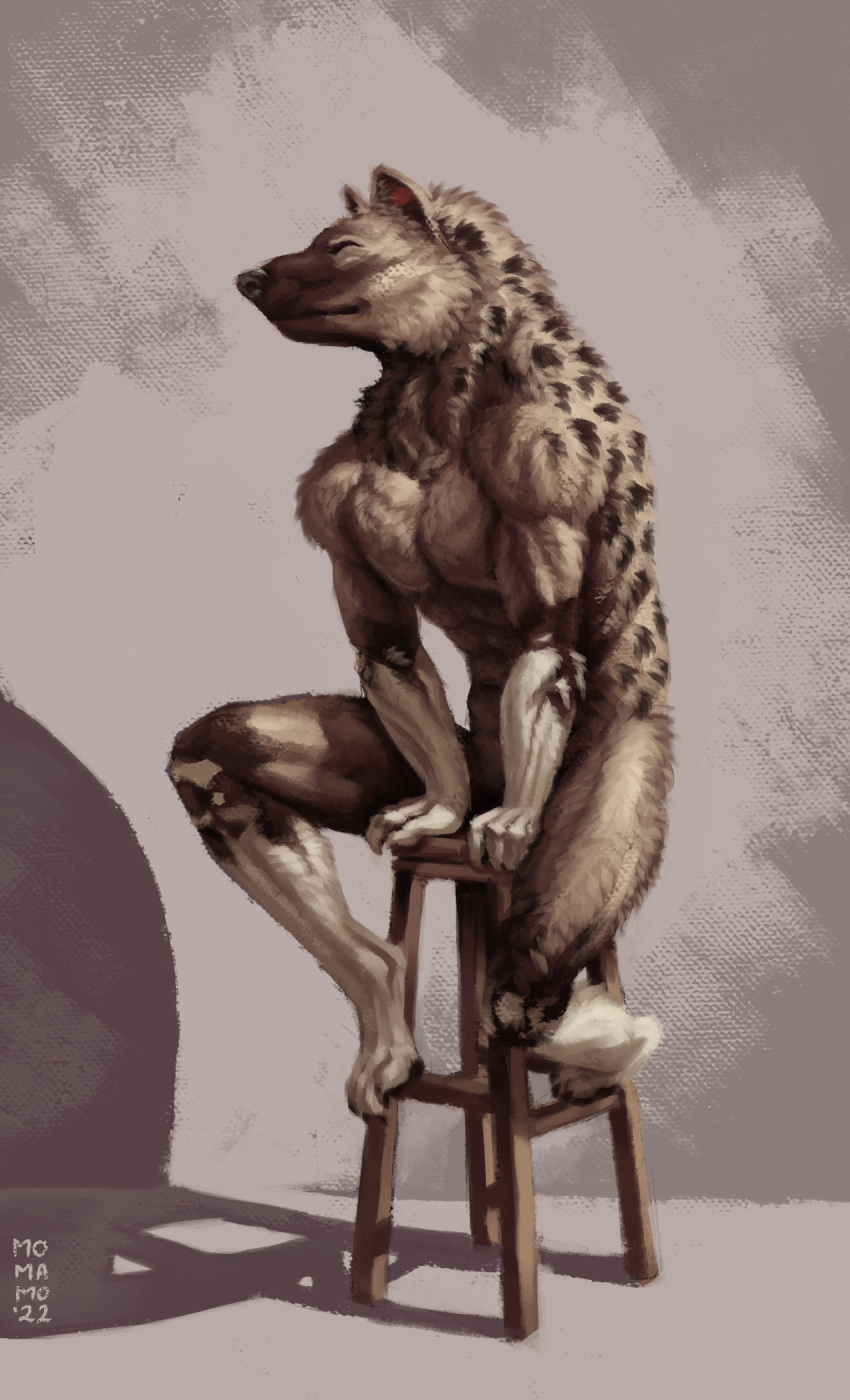 abs anthro brown_body brown_fur digital_media_(artwork) eyes_closed feet fingers fluffy fur furniture hi_res hyaenid male mammal markings momamo multicolored_body multicolored_fur muscular muscular_anthro muscular_male neck_tuft nude pecs simple_background sitting smile solo spots spotted_body spotted_hyena stool toes tterra tuft white_body white_feet white_fur white_hands