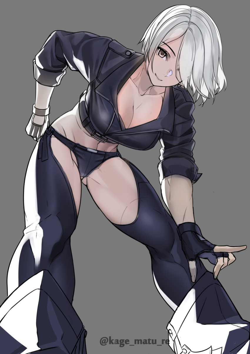 1girl absurdres angel_(kof) boots bra breasts cleavage cowboy_boots cropped_jacket fingerless_gloves gloves hair_over_one_eye highres jacket kagematsuri large_breasts leather leather_jacket looking_at_viewer looking_down snk strapless strapless_bra the_king_of_fighters the_king_of_fighters_xiv the_king_of_fighters_xv toned underwear white_hair