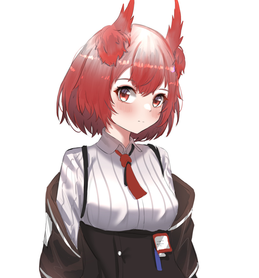1girl animal_ears arknights bird_ears black_jacket black_skirt blush chewycandy eyebrows_visible_through_hair fiammetta_(arknights) highres id_card jacket looking_at_viewer necktie off_shoulder open_clothes open_jacket red_eyes red_hair red_necktie shirt short_hair short_necktie simple_background skirt solo upper_body white_background white_shirt