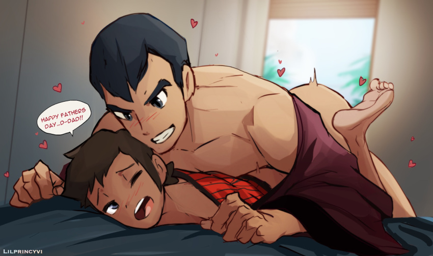 2boys ;d age_difference ass bangs barefoot black_hair blush brendan_(pokemon) brown_hair commentary day english_text father_and_son grin heart highres idoraad incest lying male_focus multiple_boys norman_(pokemon) on_stomach one_eye_closed open_mouth pokemon pokemon_(game) pokemon_oras prone_bone short_hair smile speech_bubble teeth toes tongue upper_teeth yaoi