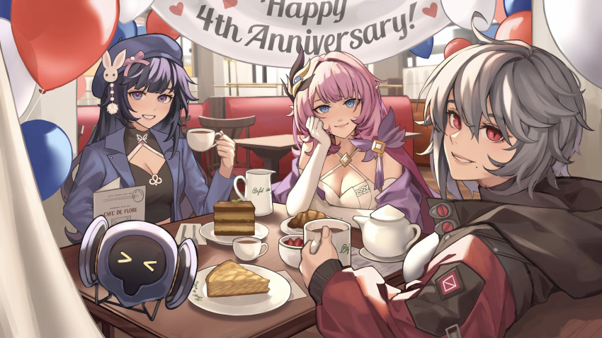 3girls :d absurdres balloon bangs beret black_hair black_jacket black_shirt blue_eyes blue_jacket breasts cake cake_slice cleavage coffee coffee_mug cup curtains drone elbow_gloves elysia_(honkai_impact) food gloves grin hat highres holding holding_cup honkai_(series) honkai_impact_3rd jacket long_hair lumiphi mole mole_under_mouth mug multiple_girls open_mouth pie pink_hair plate purple_eyes purple_hair raiden_mei raven_(honkai_impact_3rd) red_eyes shirt short_hair smile table teeth white_gloves