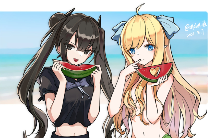 2girls bangs black_eyes black_hair black_shirt blonde_hair blue_eyes blush breasts closed_mouth dated eyebrows_visible_through_hair food fruit girls'_frontline hair_between_breasts hair_ribbon highres holding holding_food holding_fruit jashin-chan jashin-chan_dropkick long_hair looking_at_viewer medium_breasts multiple_girls naked_shirt navel open_mouth ouroboros_(girls'_frontline) ribbon sakatakin sangvis_ferri shirt simple_background smile twintails upper_body watermelon