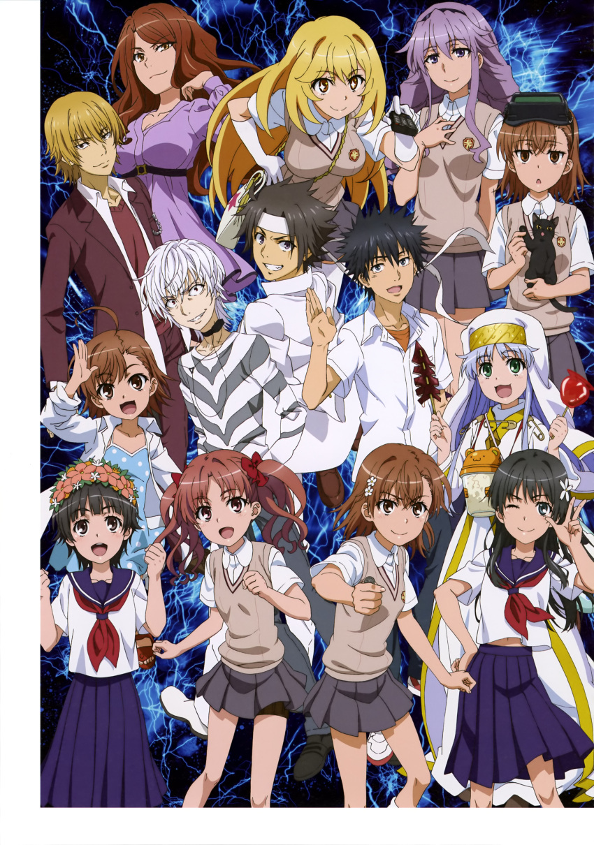 4boys 6+girls :d ;) absurdres accelerator_(toaru_majutsu_no_index) adjusting_hair ahoge animal bag bangs bent_over black_hair blonde_hair blue_dress blue_eyes bow breasts brown_eyes brown_hair brown_jacket candy_apple cat closed_mouth collarbone collared_shirt dress dress_shirt elbow_gloves eyebrows_visible_through_hair floating_hair flower food fujii_masahiro gloves green_eyes grey_pants grin habit hair_between_eyes hair_bow hair_flower hair_ornament hand_in_pocket hand_on_hip handbag hasegawa_shin'ya head_wreath headband highres hokaze_junko holding holding_animal holding_cat holding_food index_(toaru_majutsu_no_index) jacket kakine_teitoku kamijou_touma large_breasts last_order_(toaru_majutsu_no_index) long_hair looking_at_viewer medium_skirt midriff misaka_imouto misaka_mikoto mugino_shizuri multiple_boys multiple_girls navel nun one_eye_closed open_clothes open_jacket open_shirt pants parted_bangs pink_flower pleated_skirt polka_dot polka_dot_dress purple_dress purple_hair purple_sailor_collar purple_skirt red_bow safety_pin sailor_collar sailor_shirt sakugawa_school_uniform salute sano_haruka saten_ruiko school_uniform shiny shiny_hair shirai_kuroko shirt shokuhou_misaki short_dress short_hair short_sleeves silver_hair skirt smile smug sogiita_gunha stomach striped striped_shirt sundress symbol-shaped_pupils toaru_kagaku_no_railgun toaru_majutsu_no_index tokiwadai_school_uniform twintails uiharu_kazari very_long_hair w white_flower white_gloves white_headband white_shirt wing_collar