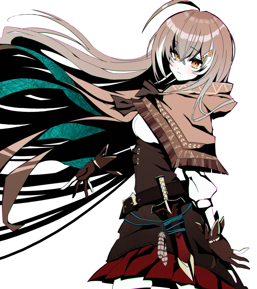 1girl absurdres ahoge bangs belt brown_cape brown_capelet brown_cloak brown_corset brown_eyes brown_hair cape capelet cloak corset dagger feathers gloves green_cape hair_down hair_ornament hairclip hieroglyphics highres hololive hololive_english kekel knife long_hair looking_at_viewer multicolored_hair nanashi_mumei partially_fingerless_gloves red_skirt ribbon shirt skirt streaked_hair very_long_hair virtual_youtuber weapon white_shirt