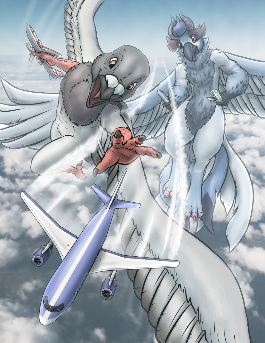 absurd_res aircraft airplane anthro avian bird cloudscape columbid duo feathers flying gryphon hi_res holding_object kawkawlin kwit macro male mythological_avian mythology pigeon reaching sky tyrnn wings
