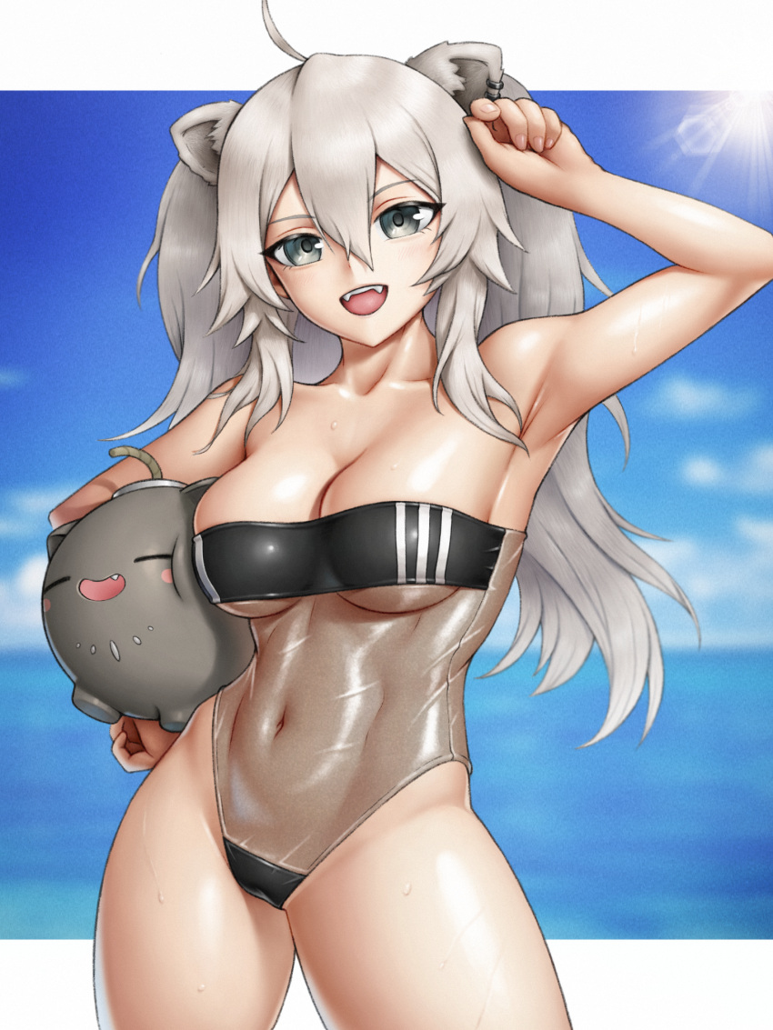 1girl ahoge animal_ears breasts casual_one-piece_swimsuit cleavage covered_navel double_vertical_stripe fangs grey_eyes grey_hair gris_swimsuit highleg highleg_swimsuit highres hololive lion_ears lion_girl long_hair medium_breasts meme_attire messy_hair navel one-piece_swimsuit open_mouth see-through see-through_swimsuit shiny shiny_hair shiny_skin shishiro_botan skylock smile solo ssrb strapless strapless_swimsuit swimsuit two_side_up virtual_youtuber wet