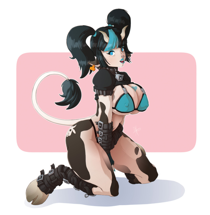 animal_humanoid bell bikini bovid bovid_humanoid bovine bovine_humanoid breasts cattle cattle_humanoid cleavage clothed clothing collar drawholic female hi_res holstein_friesian_cattle horn humanoid mammal mammal_humanoid nipple_outline penny_(drawholic) piercing pigtails simple_background snowdon solo straps swimwear tattoo