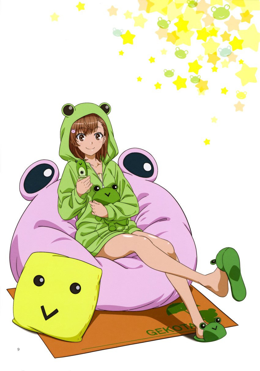 1girl absurdres animal_hood brown_eyes brown_hair cardigan cellphone collarbone flip_phone full_body gekota green_cardigan hair_ornament highres holding holding_phone hood hood_up hooded_cardigan long_sleeves looking_at_viewer misaka_mikoto page_number phone sakamoto_tetsuya shiny shiny_hair short_hair sitting slippers soles solo stuffed_animal stuffed_toy toaru_kagaku_no_railgun toaru_majutsu_no_index white_background