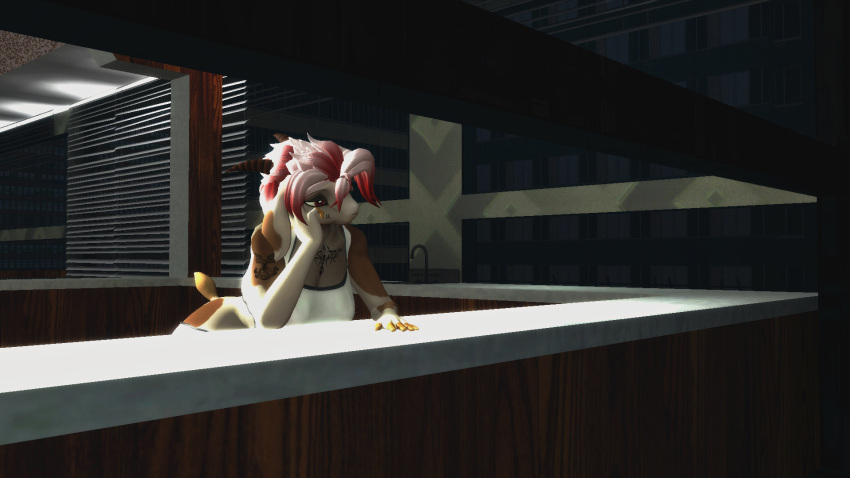 3d_(artwork) anthro bovid caprine clothed clothing digital_media_(artwork) female fur goat hair head_in_hand hi_res kitchen looking_out_window mammal red_eyes sad simple_background solo topwear viper-desires white_body white_fur window