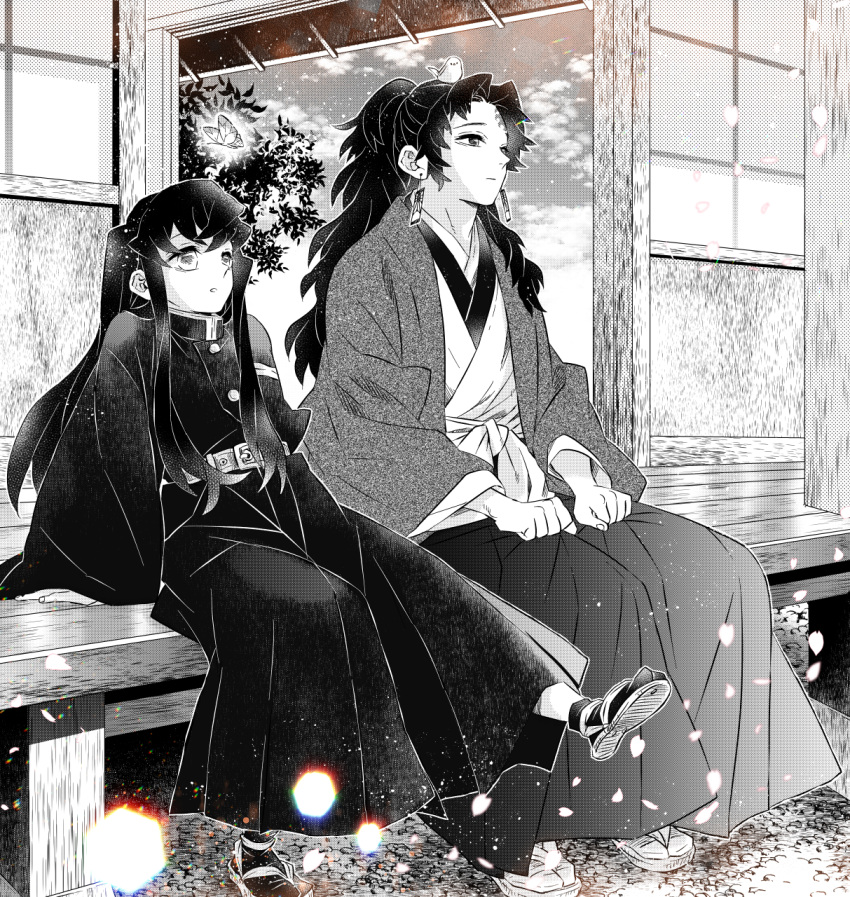 2boys alternate_universe animal_on_head bangs belt bird bird_on_head bug butterfly day earrings expressionless facial_mark foot_dangle front-tie_top hakama haori highres japanese_clothes jewelry kimetsu_no_yaiba light_particles long_hair long_sleeves looking_afar looking_away male_focus mintiaorion monochrome multiple_boys on_floor on_head outdoors pants petals ponytail porch relaxed shoe_soles sidelocks sitting sleeves_past_wrists sliding_doors tabi tokitou_muichirou tsugikuni_yoriichi veranda wide_sleeves wooden_floor zouri