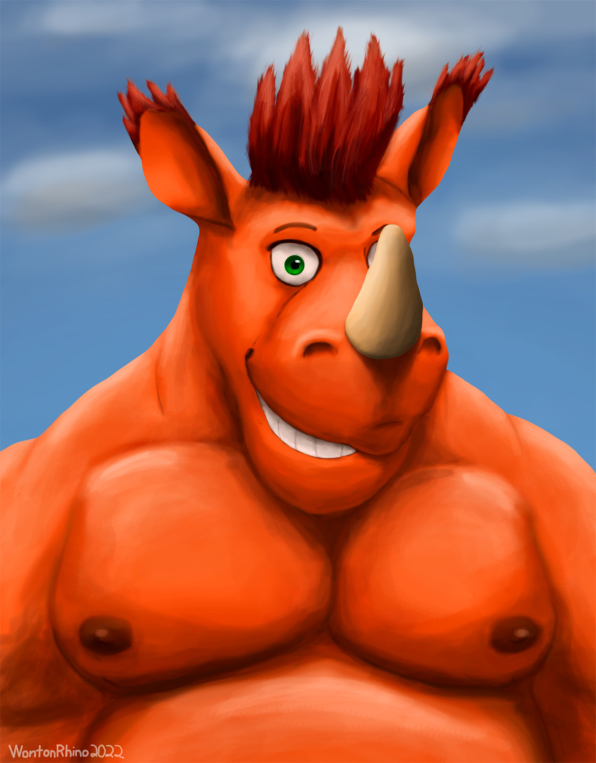 anthro belly close-up cloud ear_tuft ears_up hair hi_res horn looking_at_viewer male mammal moobs nipples orange_body orange_hair overweight overweight_male portrait rhinocerotoid shaded simple_background sky smile smiling_at_viewer solo spiky_hair standing toony tuft wonton_(wontonrhino) wontonrhino