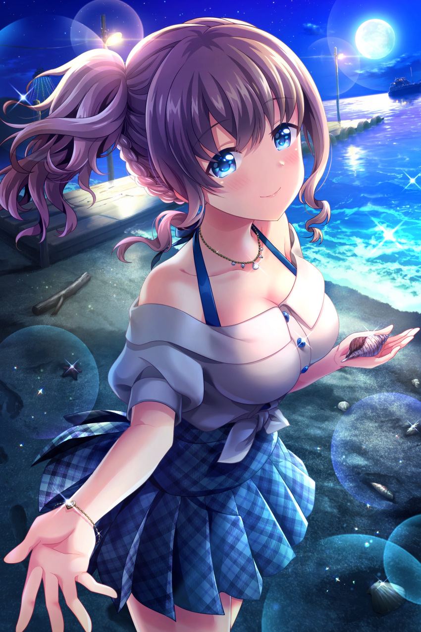 1girl absurdres alternative_girls arimura_shion beach blue_eyes blue_skirt breasts brown_hair cleavage closed_mouth eyebrows_visible_through_hair full_moon highres holding jewelry looking_at_viewer moon necklace night ocean official_art open_hand seashell shell shirt skirt smile solo white_shirt