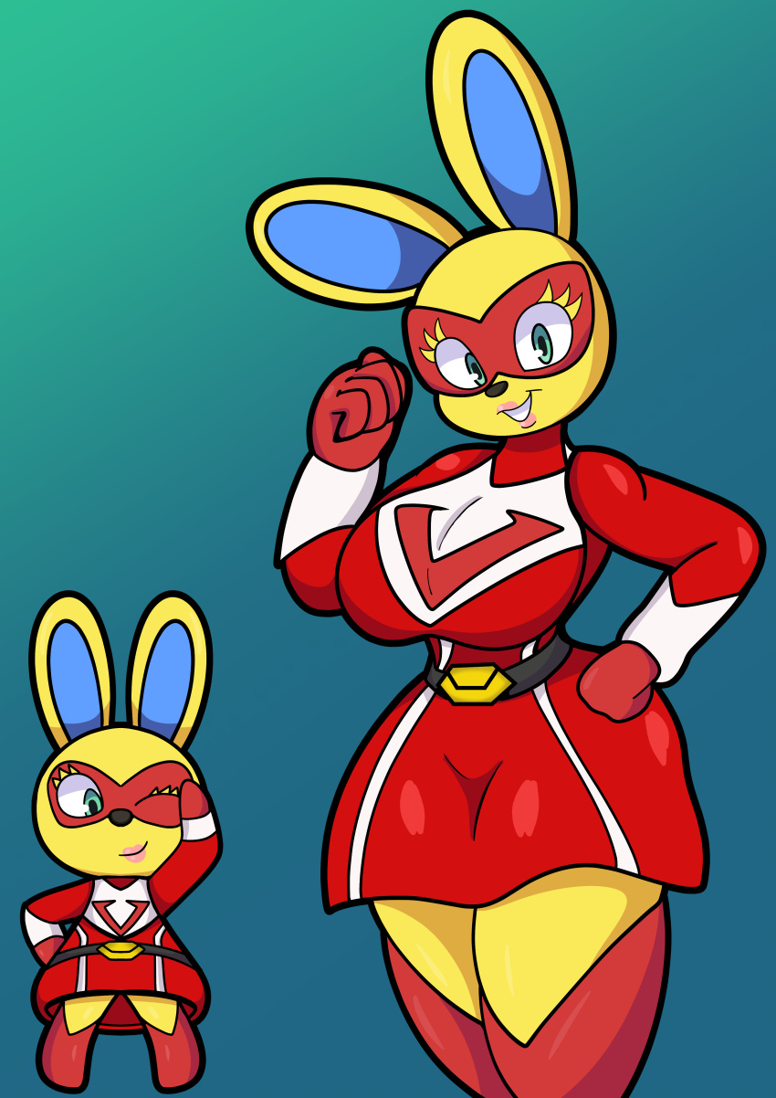 2022 4k absurd_res animal_crossing anthro big_breasts breasts clothing curvy_figure digital_media_(artwork) dress eyelashes female fingers fur gloves hand_on_hip handwear hi_res hourglass_figure lagomorph leporid lips long_ears looking_at_viewer mammal mask mira_(animal_crossing) nintendo rabbit simple_background smile solo someth1ngoranother standing superhero teal_background teal_eyes teeth thick_thighs video_games voluptuous wide_hips yellow_body yellow_fur