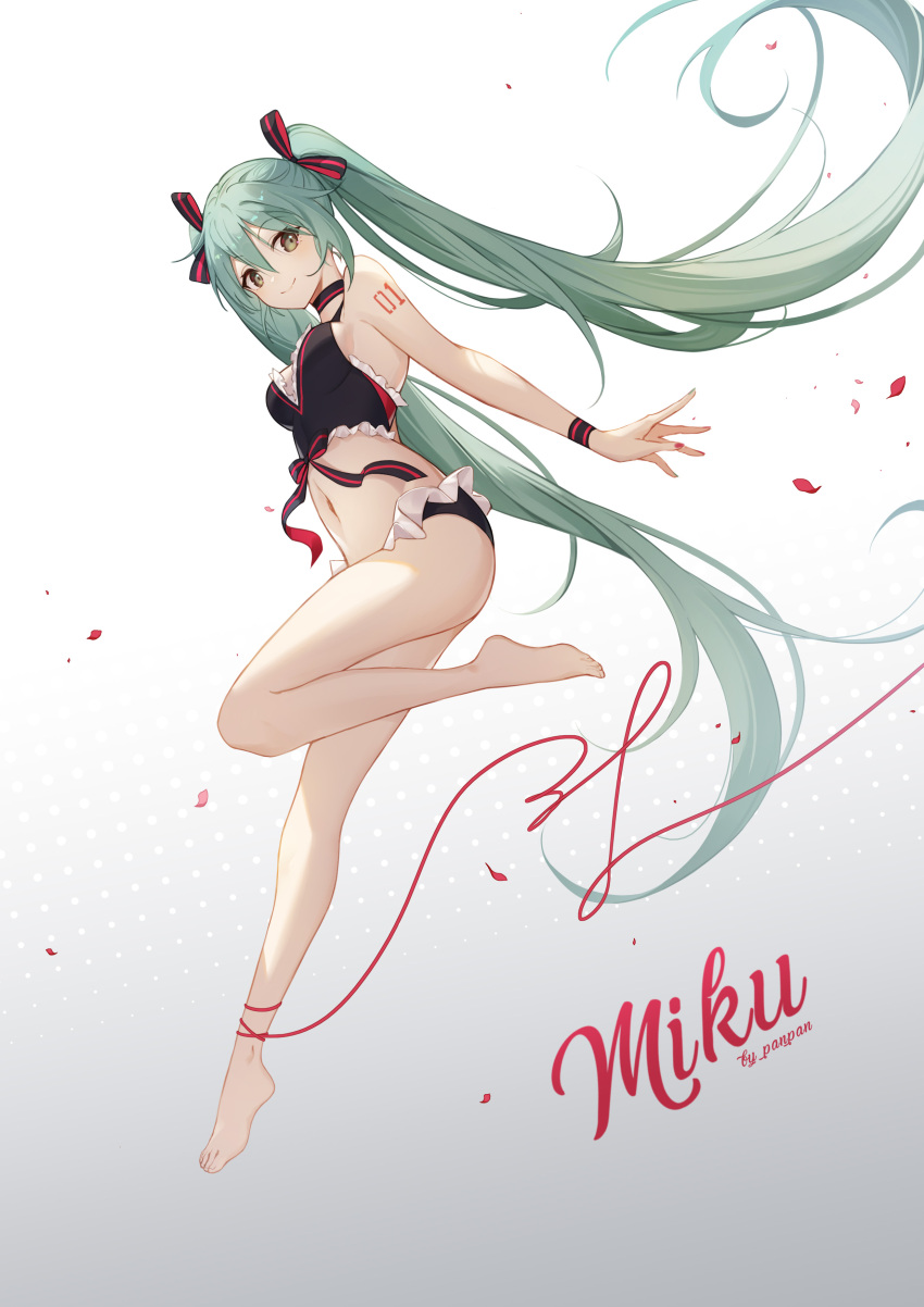 1girl absurdres ankle_ribbon aqua_hair arm_tattoo artist_name bangs barefoot bikini black_bikini black_bow bow breasts character_name choker floating floating_hair frilled_bikini frills full_body gradient gradient_background green_hair green_nails grey_background hair_ribbon hatsune_miku highres landing long_hair looking_at_viewer looking_to_the_side multicolored_nails nail_polish navel panpanmeiyou_hp petals plantar_flexion red_bow red_nails ribbon sideboob smile solo striped striped_bow swimsuit tattoo twintails very_long_hair vocaloid wristband yellow_eyes