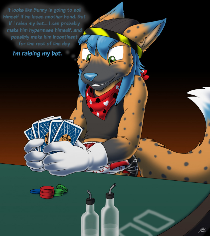 anthro canid canine catmonkshiro diaper english_text fox happy hi_res laxative laxatives male mammal poker poker_chip poker_table smile smug solo text