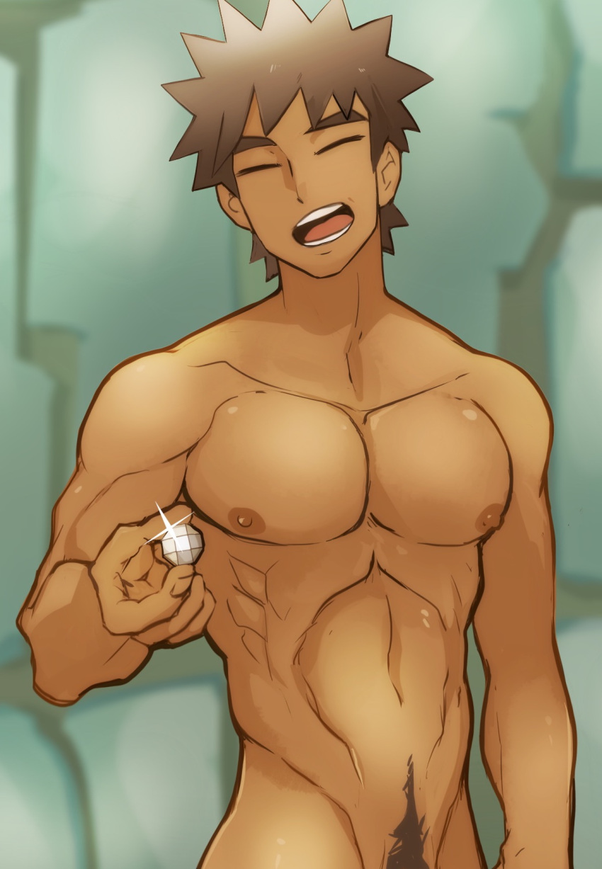 1boy arm_at_side badge bangs biceps boulder_badge brock_(pokemon) brown_hair closed_eyes collarbone commentary dark-skinned_male dark_skin facing_viewer glint highres holding idoraad male_focus male_pubic_hair muscular muscular_male navel nude open_mouth pectorals pokemon pokemon_(game) pokemon_hgss pubic_hair short_hair solo spiked_hair teeth tongue