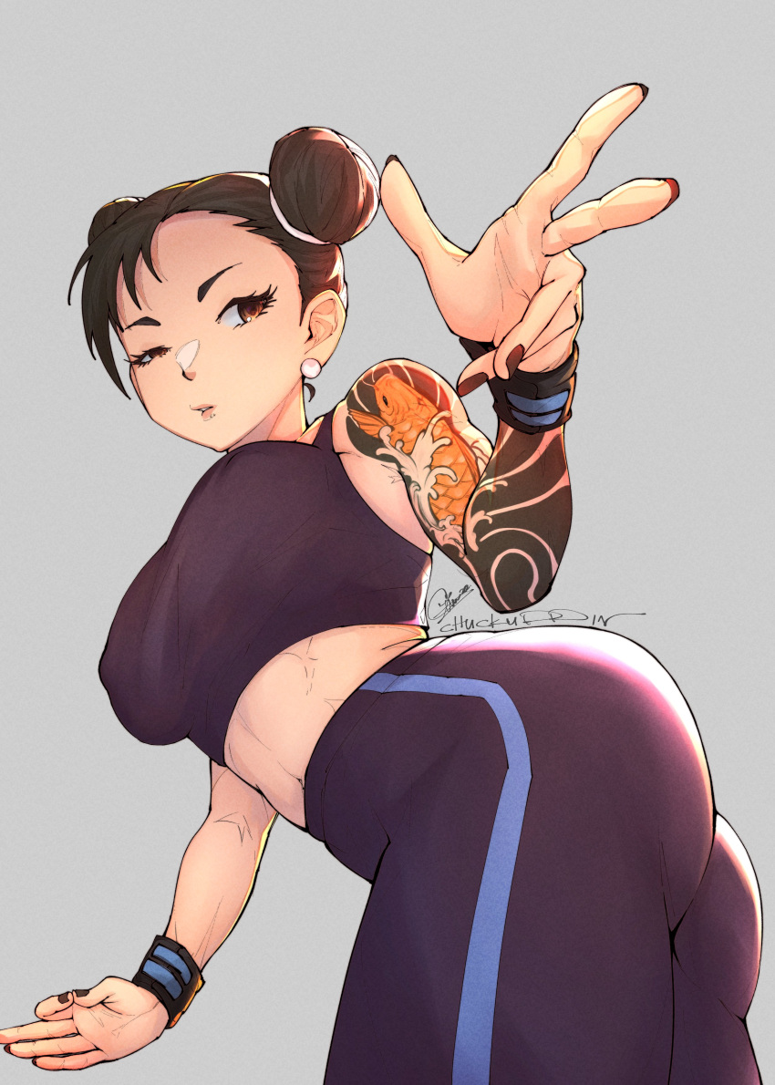 1girl absurdres alternate_costume arm_tattoo ass brown_hair chuckuddin chun-li double_bun earrings hair_bun highres jewelry looking_away midriff one_eye_closed purple_nails purple_sports_bra red_eyes short_hair sports_bra sportswear stomach street_fighter tank_top tattoo