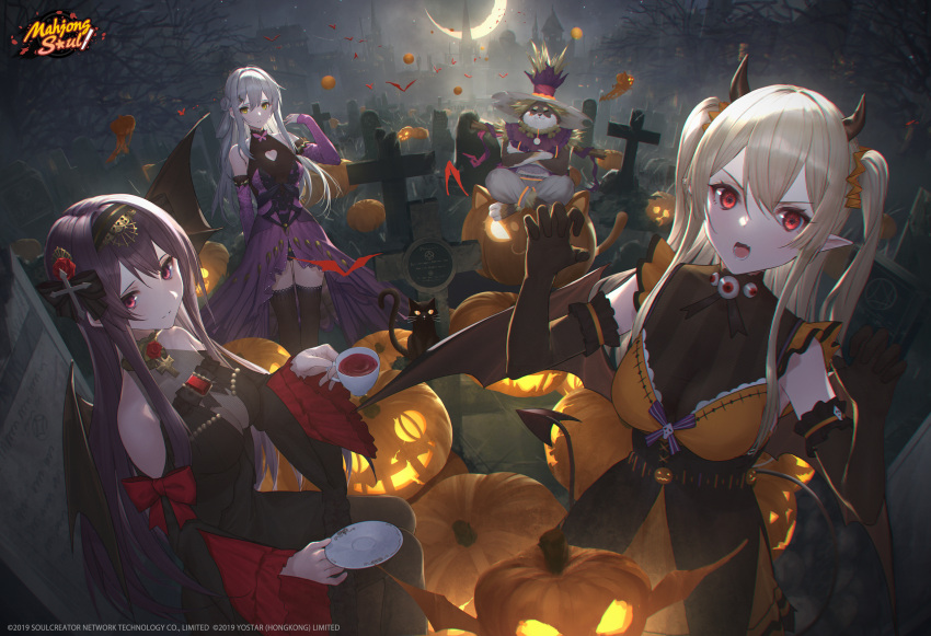 1boy 3girls bat bat_wings black_cat black_hair blonde_hair bow castle cat crescent crescent_moon cross crossed_arms crossed_legs cup demon_tail fisheye furry gem ghost halloween highres jack-o'-lantern jewelry long_hair looking_at_viewer mahjong_soul moon multiple_girls necklace necktie night nikaidou_miki official_art open_mouth red_bow red_eyes saucer scarecrow silver_hair tail takubon teacup thighhighs tombstone twintails vampire wanjirou wings xenia yagi_yui yellow_eyes yostar