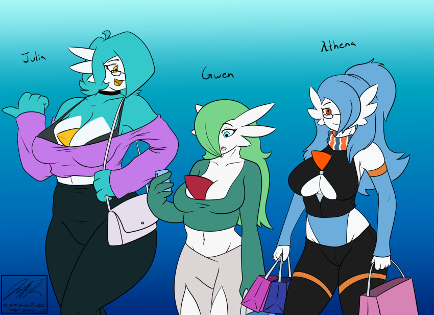 athena_(atom605) big_breasts breasts cellphone clothing dress eyewear female gardevoir glasses group hi_res humanoid jeffthehusky julia_caernarvon nintendo phone pok&eacute;mon pok&eacute;mon_(species) purse scarf shopping smile tight_clothing under_boob video_games