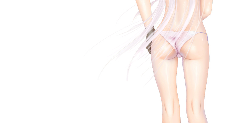 1girl absurdres ass ass_focus bikini brown_gloves commentary_request danganronpa:_trigger_happy_havoc danganronpa_(series) from_behind gloves grey_hair highres kirigiri_kyouko long_hair lower_body nyarko simple_background standing swimsuit white_background white_bikini