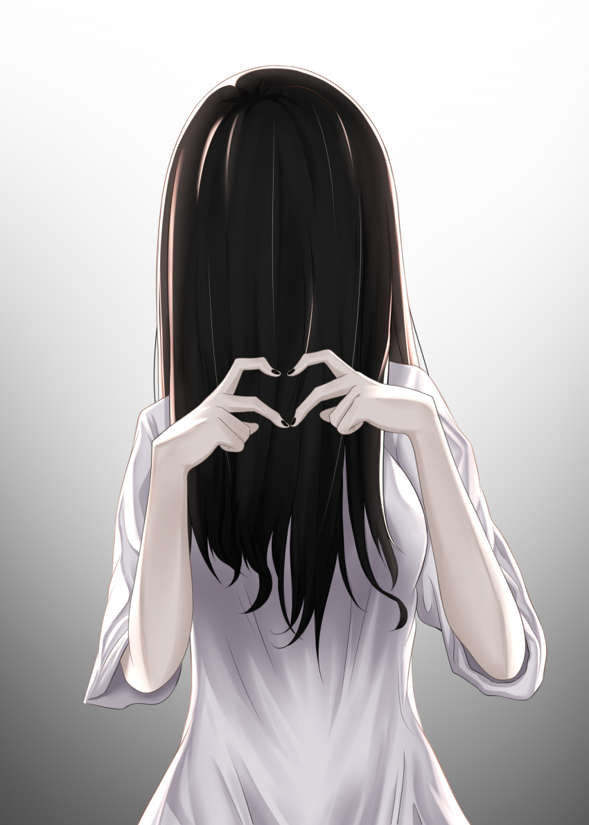 1girl absurdres black_hair black_nails breasts covered_face dress facing_viewer grey_background hair_over_face hands_up heart heart_hands highres long_hair momojotaro92 sleeves_past_elbows solo the_ring upper_body white_dress yamamura_sadako
