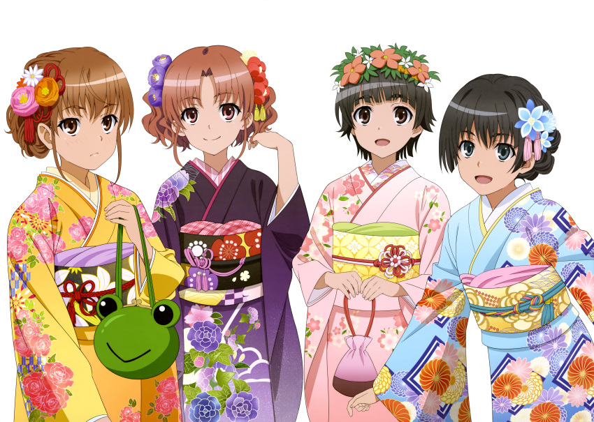 4girls :d absurdres alternate_costume black_hair black_kimono blue_eyes blue_flower blue_kimono brown_eyes brown_hair closed_mouth floral_print flower gradient_kimono hair_flower hair_intakes hair_ornament hair_ribbon head_wreath highres japanese_clothes kimono looking_at_viewer misaka_mikoto multiple_girls open_mouth orange_flower pink_flower pink_kimono print_kimono purple_flower purple_kimono red_flower red_ribbon ribbon saten_ruiko shiny shiny_hair shirai_kuroko short_hair simple_background smile standing tied_hair toaru_kagaku_no_railgun toaru_majutsu_no_index twintails uiharu_kazari white_background white_flower yellow_kimono yoshida_yuuko yukata