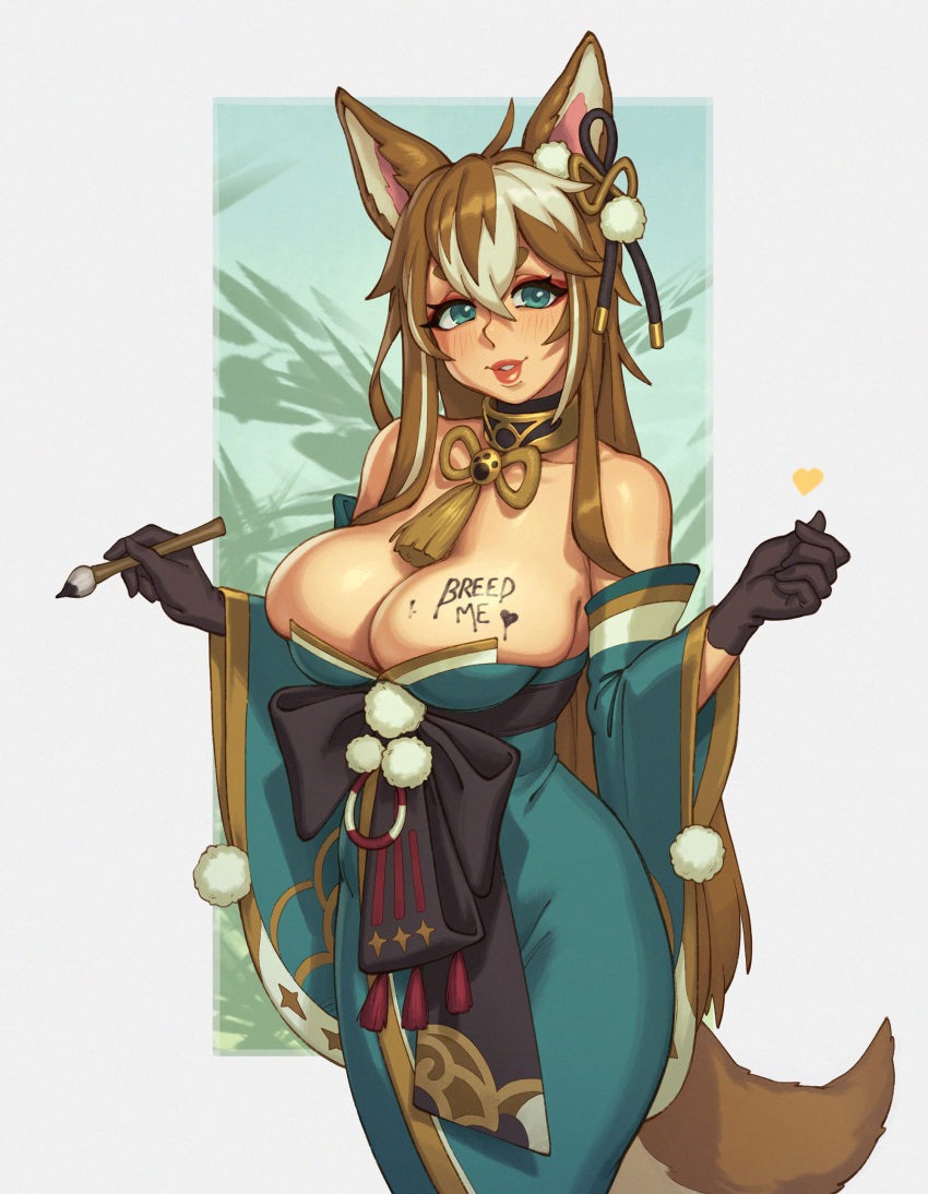 1girl absurdres animal_ears bare_shoulders blue_eyes body_writing breasts brown_hair brush calligraphy_brush cleavage curvy genshin_impact gloves hair_ornament highres hina_(genshin_impact) japanese_clothes kimono large_breasts lipstick looking_at_viewer makeup paintbrush riz solo tail