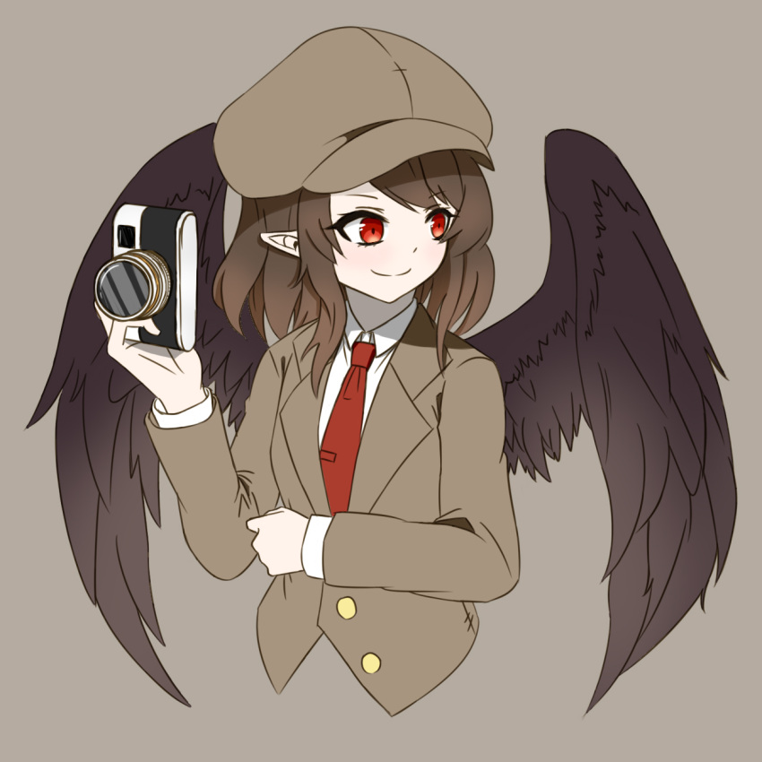 2822235299 alternate_costume arm_under_breasts beige_background bird_wings black_wings brown_hair brown_headwear brown_jacket cabbie_hat camera closed_mouth collared_shirt commentary_request feathered_wings flat_cap forbidden_scrollery happy hat highres holding holding_camera jacket long_sleeves looking_away necktie official_alternate_costume pointy_ears red_eyes red_necktie shameimaru_aya shameimaru_aya_(newsboy) shirt short_hair smile suit_jacket tengu tie_clip touhou upper_body white_shirt wings