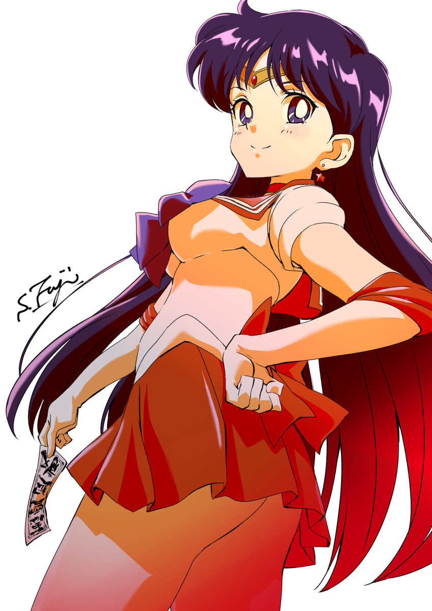 1girl bangs bishoujo_senshi_sailor_moon black_eyes black_hair cowboy_shot earrings elbow_gloves fujimoto_satoru gloves hand_on_hip highres hino_rei holding inner_senshi jewelry long_hair looking_at_viewer magical_girl miniskirt ofuda photoshop_(medium) pleated_skirt red_sailor_collar red_skirt sailor_collar sailor_senshi simple_background skirt smile solo star_(symbol) star_earrings tiara white_background