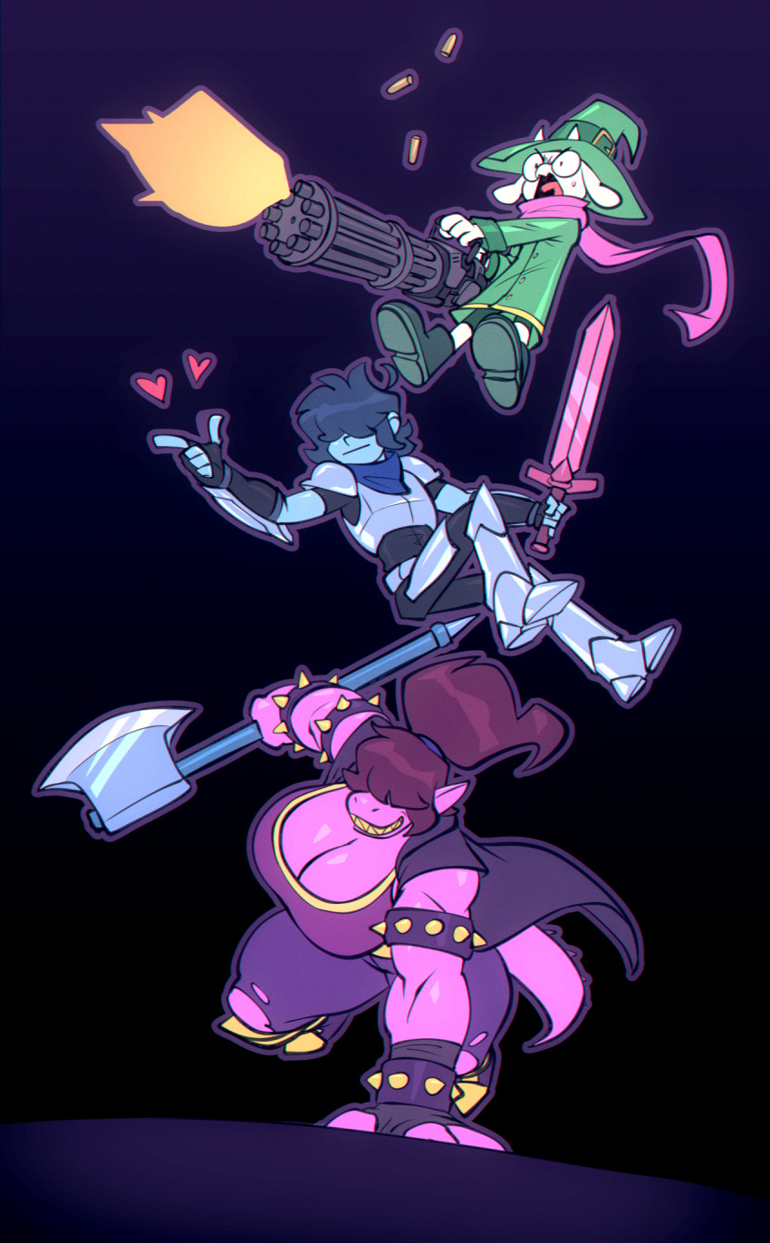 &lt;3 anthro armband armor axe big_breasts bigdad bovid bracelet breasts caprine cleavage clothed clothing deltarune female gatling_gun goat group gun hair hair_over_eyes hi_res human jewelry kris_(deltarune) machine_gun male mammal melee_weapon minigun ralsei ranged_weapon reptile robe scalie scarf spiked_armband spiked_bracelet spikes susie_(deltarune) sword undertale_(series) video_games weapon