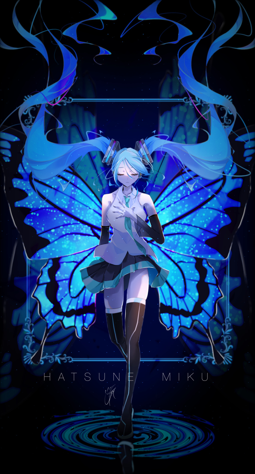 1girl absurdres aqua_necktie bangs black_footwear black_skirt black_sleeves blue_butterfly blue_hair blurry blurry_background boots border breasts bug butterfly character_name closed_eyes commentary detached_sleeves goma_irasuto hand_on_own_chest hatsune_miku highres long_hair medium_breasts necktie pleated_skirt ripples shirt signature skirt sleeveless sleeveless_shirt solo thigh_boots thighhighs very_long_hair vocaloid white_shirt