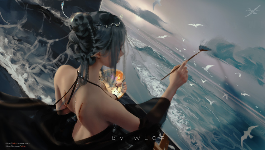 1girl artist_name backless_dress backless_outfit bird black_dress dress from_above ghostblade grey_hair hair_bun highres holding holding_paintbrush paintbrush pointy_ears sky solo water waver waves wlop