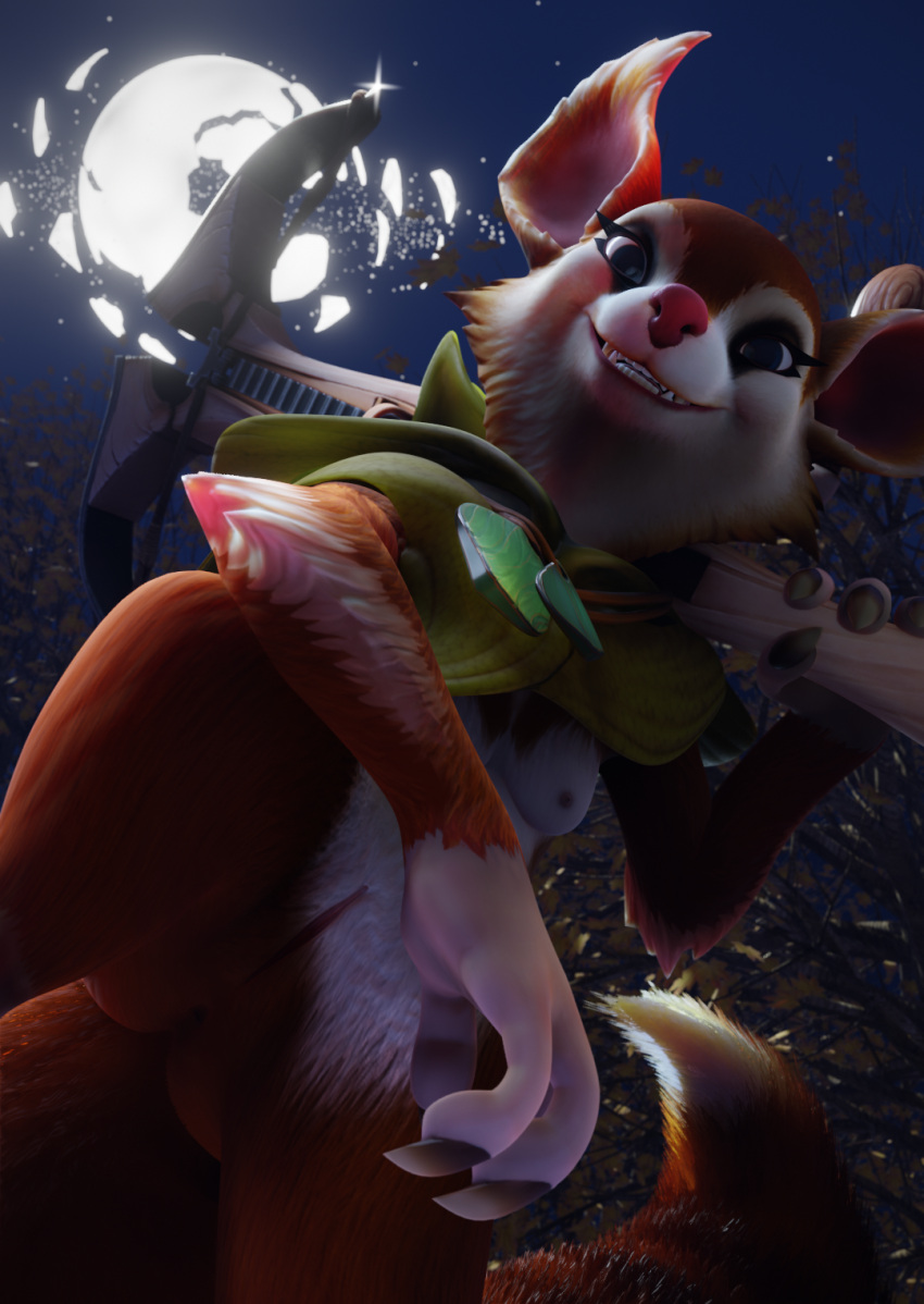 3d_(artwork) 4_fingers ano_delta anthro breasts cape claws clothing cowl crossbow digital_media_(artwork) dota eyelashes female fingers fur genitals hi_res hood hoodwink_(dota) mammal moon plant ranged_weapon red_body red_fur rodent sciurid sky solo star tail_tuft tree tree_squirrel tuft video_games weapon white_body
