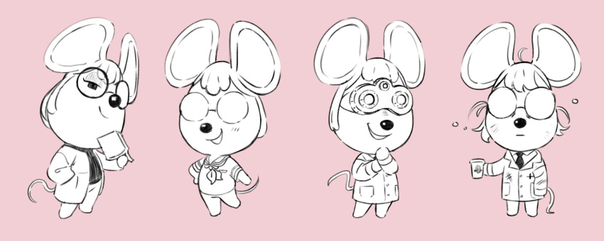 1girl animal_crossing animal_ears animal_nose book drink glasses highres holding holding_book holding_drink koei18 labcoat luaudrey mouse_ears mouse_girl mouse_tail multiple_views opaque_glasses petri_(animal_crossing) round_eyewear sailor_collar solo tail