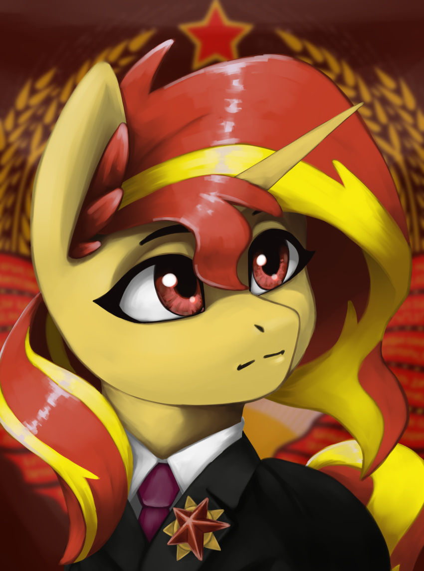 absurd_res blonde_hair bow_tie clothing equestria_girls equid equine eyebrows eyelashes female hair hasbro hi_res horn inner_ear_fluff lighting_(artist) mammal multicolored_hair my_little_pony politics red_eyes red_hair red_star russian solo sunset_shimmer_(eg) tuft two_tone_hair unicorn uniform yellow_body