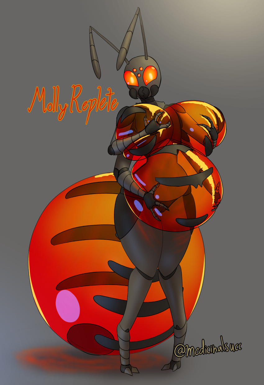 absurd_res ambiguous_fluids ant antennae_(anatomy) anthro arthropod arthropod_abdomen big_breasts breasts female hand_on_breast hand_on_stomach hi_res honeypot_ant huge_breasts hymenopteran insect mandibles medicinal_succ molly_replete multi_eye solo swollen thick_thighs