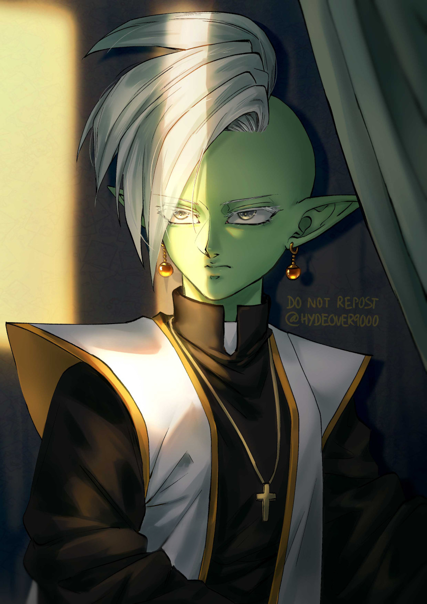 1boy absurdres colored_skin cross cross_necklace dragon_ball dragon_ball_super dragon_ball_super_super_hero earrings green_skin highres hydeover9000 jewelry looking_at_viewer male_focus mohawk necklace pointy_ears potara_earrings priest profile short_hair solo straight-on upper_body zamasu