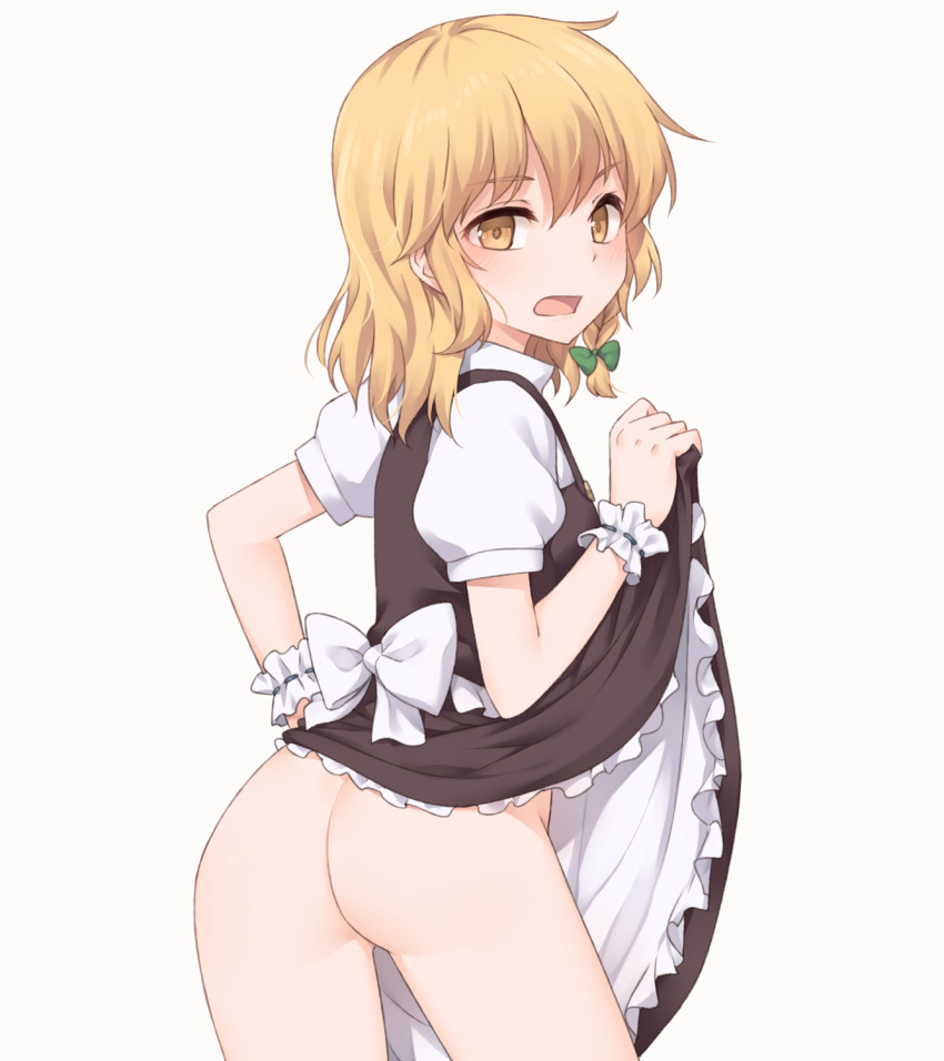 1girl ass black_dress blonde_hair blush braid clothes_lift commentary_request cowboy_shot dress dress_lift eyebrows_visible_through_hair hair_between_eyes highres kirisame_marisa lifted_by_self looking_at_viewer looking_back miyo_(ranthath) no_panties open_mouth puffy_short_sleeves puffy_sleeves short_hair short_sleeves simple_background single_braid solo touhou white_background white_dress wrist_cuffs yellow_eyes