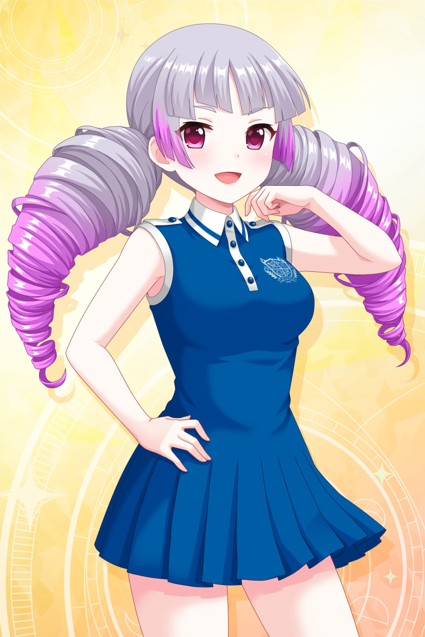 1girl absurdres alternative_girls blue_dress dress emblem eyebrows_visible_through_hair hand_on_hip highres looking_at_viewer meya_(alternative_girls) multicolored_hair official_art open_mouth pink_eyes pink_hair short_dress silver_hair sleeveless smile solo standing twintails yellow_background