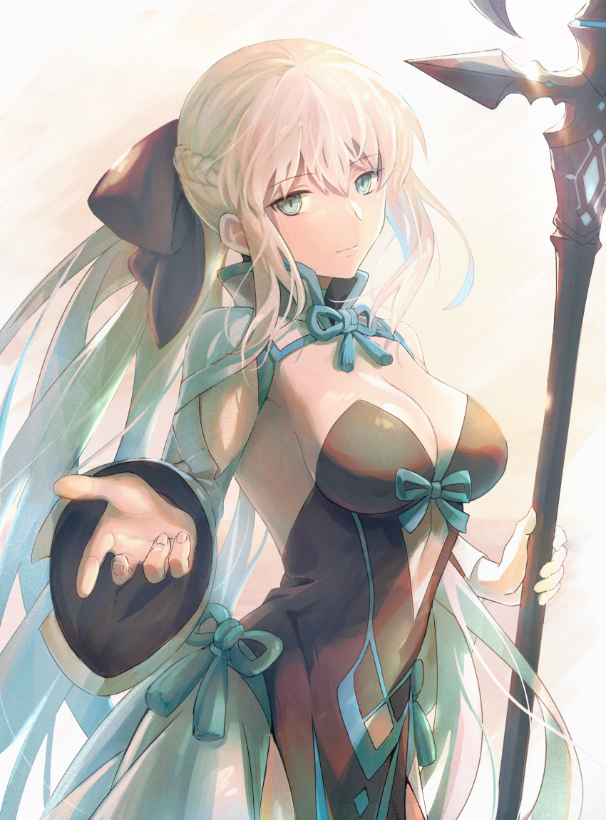 1girl absurdres bangs bare_shoulders black_bow black_dress blue_dress blue_eyes bow breasts cleavage clothing_cutout commentary_request cowboy_shot detached_sleeves dress eyebrows_visible_through_hair fate/grand_order fate_(series) hair_bow highres holding holding_staff large_breasts light_smile long_hair morgan_le_fay_(fate) outstretched_hand platinum_blonde_hair sidelocks simple_background smile solo staff stomach_cutout tuto_(mokuchin09) two-tone_dress very_long_hair yellow_background