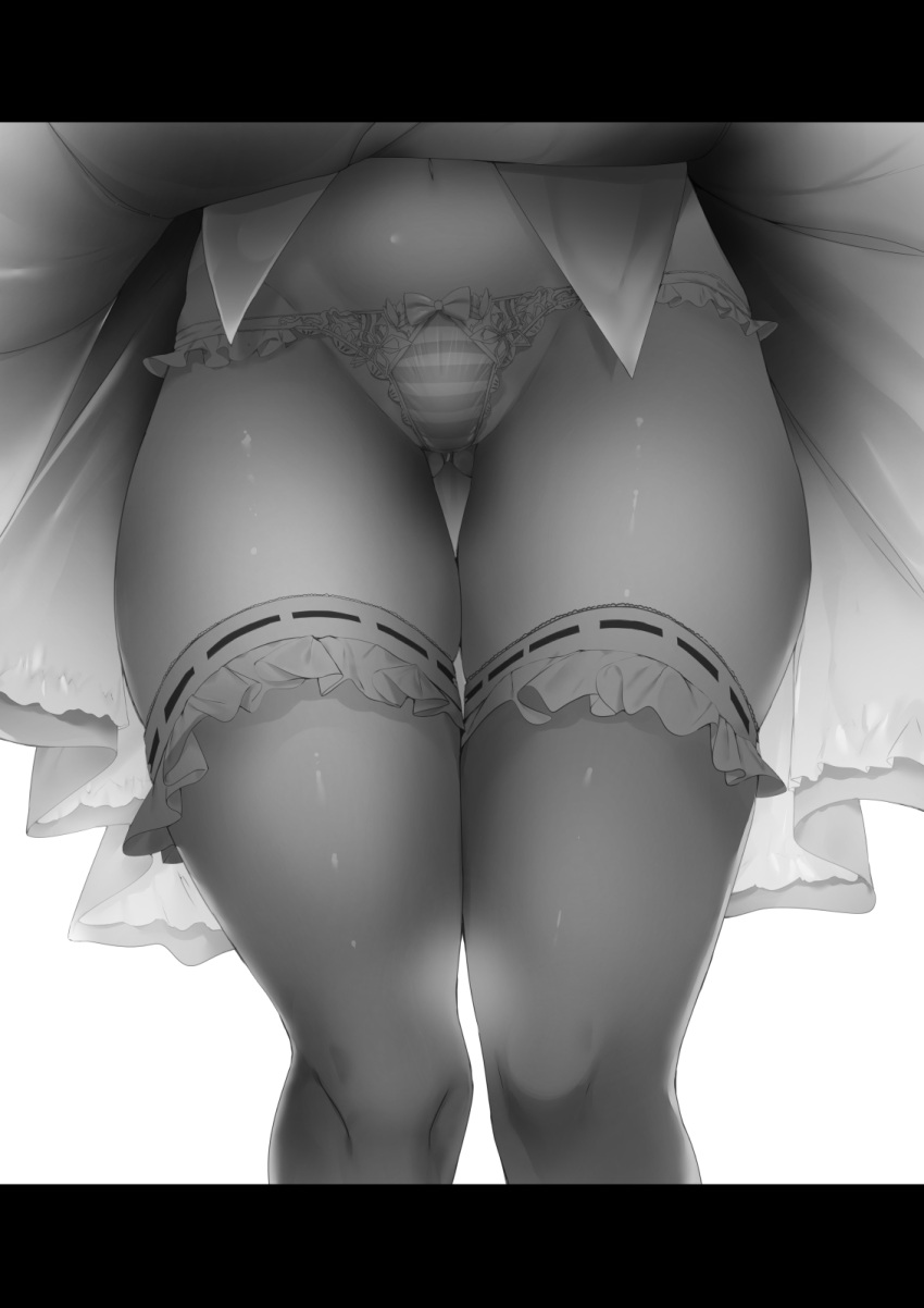 1girl bow bow_panties frilled_legwear greyscale highres hip_focus letterboxed lower_body monochrome navel noto_kurumi original panties ribbon-trimmed_sleeves ribbon_trim simple_background skirt solo striped striped_panties thigh_gap thighhighs underwear upskirt white_background