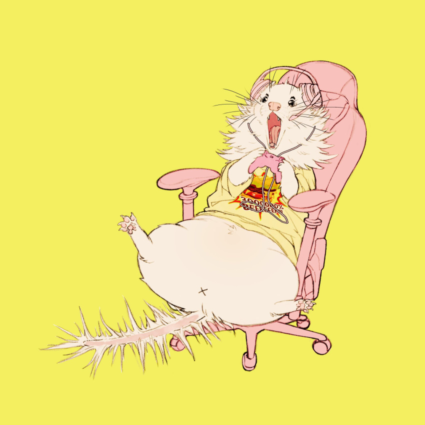 anus chair clothed clothed_feral clothing controller domestic_ferret feral fur furniture game_controller gaming headphones hi_res ichigodawashi mammal mustela mustelid musteline shirt solo surprised_expression swivel_chair t-shirt topwear true_musteline white_body white_fur x_anus