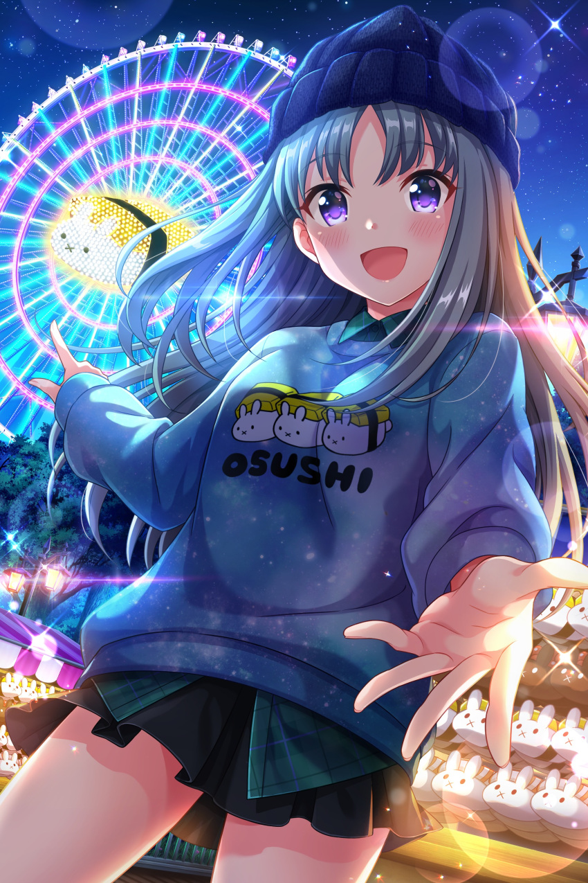 1girl absurdres alternative_girls black_skirt blue_headwear eyebrows_visible_through_hair ferris_wheel highres kira_sayuri long_hair long_sleeves looking_at_viewer miniskirt night official_art open_hand open_mouth purple_eyes silver_hair skirt sky smile solo standing star_(sky) starry_sky