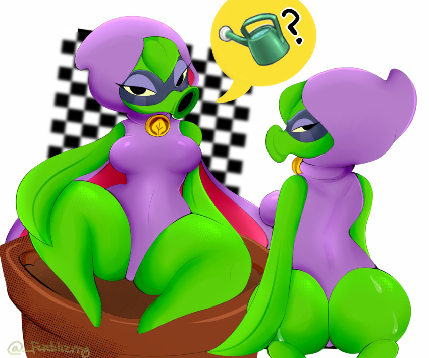 ? bedroom_eyes breasts butt clothing electronic_arts elemental_creature elemental_humanoid female fertilizing_(artist) flora_fauna green_body green_shadow hood humanoid kneeling leotard looking_at_viewer looking_back narrowed_eyes peashooter_(pvz) plant plant_humanoid plant_pot plants_vs._zombies plants_vs._zombies_heroes popcap_games seductive solo speech_bubble thick_thighs video_games watering_can