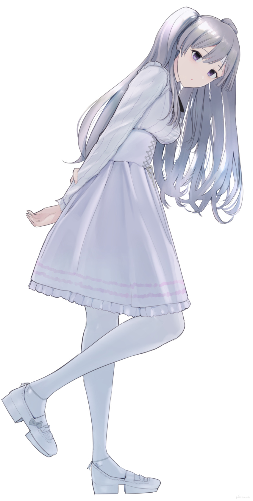 1girl :o absurdres arms_behind_back bandaid bandaid_on_face breasts corset expressionless grey_hair high-waist_skirt highres hitotu_no_naka holding_own_arm idolmaster idolmaster_shiny_colors leg_up long_hair looking_at_viewer medium_breasts pantyhose shirt simple_background skirt solo twintails white_background white_footwear white_legwear white_shirt white_skirt yuukoku_kiriko