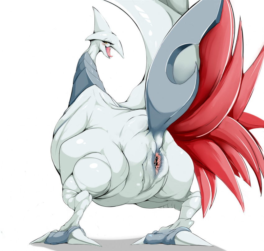 animal_genitalia avian bedroom_eyes bodily_fluids claws cloaca cloaca_juice cloaca_juice_string feathers female feral gaping gaping_cloaca genital_fluids genitals hi_res hurikata looking_at_viewer looking_back narrowed_eyes nintendo pink_cloaca pok&eacute;mon pok&eacute;mon_(species) red_body red_feathers saliva saliva_string seductive sharp_teeth simple_background skarmory smile solo talons teeth tongue video_games yellow_eyes