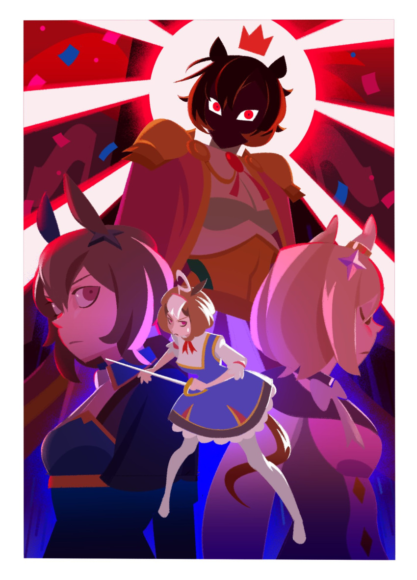 20years 4girls animal_ears blonde_hair blue_dress bow_(weapon) brown_hair cape character_request closed_eyes crown dress energy_wings hair_between_eyes hair_ornament hairclip highres holding holding_bow_(weapon) holding_sword holding_weapon horse_ears horse_girl horse_tail looking_at_viewer multicolored_hair multiple_girls red_eyes saber_(weapon) shaded_face sword tail umamusume weapon white_hair yellow_cape