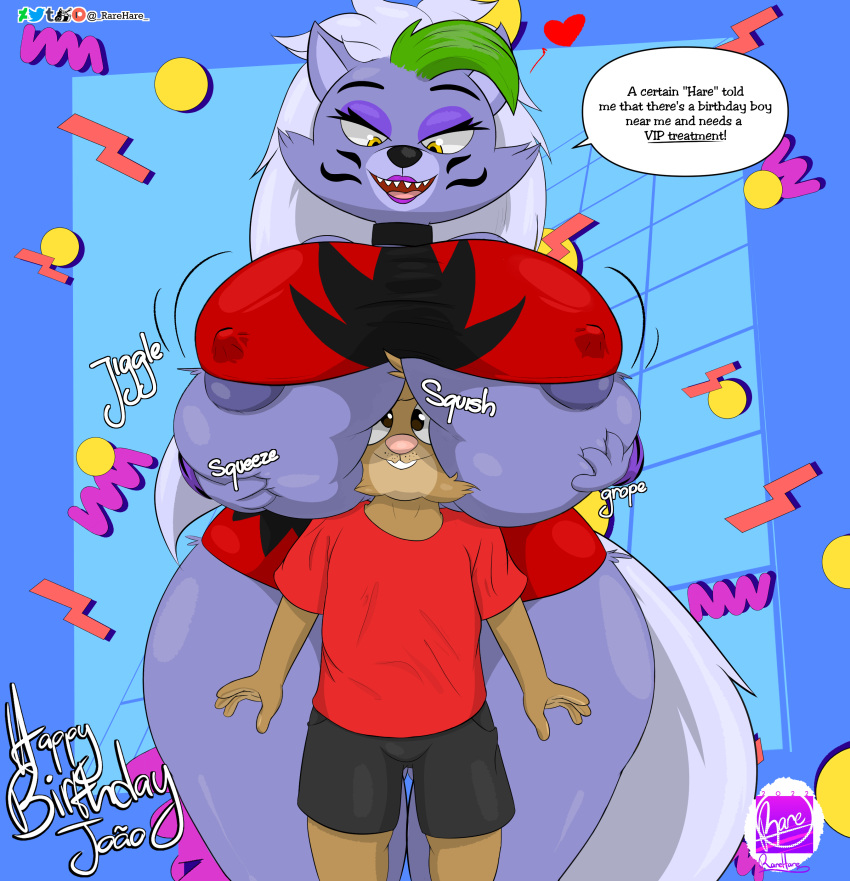 absurd_res anthro big_breasts breasts canid canine canis female five_nights_at_freddy's five_nights_at_freddy's:_security_breach head_between_breasts hi_res huge_breasts larger_female male male/female mammal nipple_outline rarehare roxanne_wolf_(fnaf) scottgames size_difference smaller_male thick_thighs video_games wolf